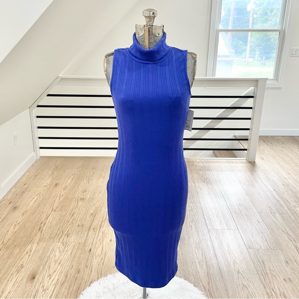 NWT S NINE WEST blue Clara purple bodycon stretchy sleeveless turtleneck dress